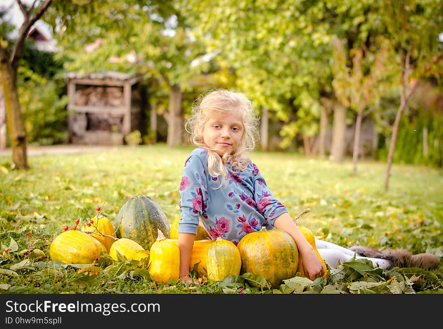 Beautiful blond girl with orange pumpkins in green autumn garden. Beautiful blond girl with orange pumpkins in green autumn garden