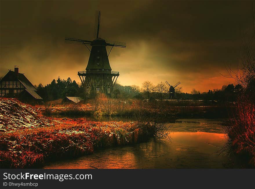 Reflection, Nature, Sky, Windmill