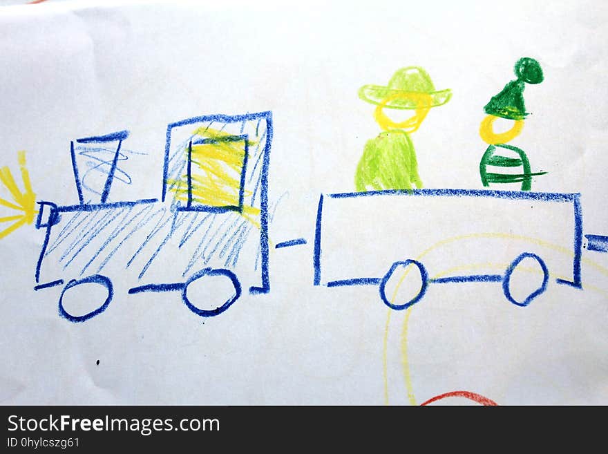 A train with locomotive and passangers on the kid`s drawing