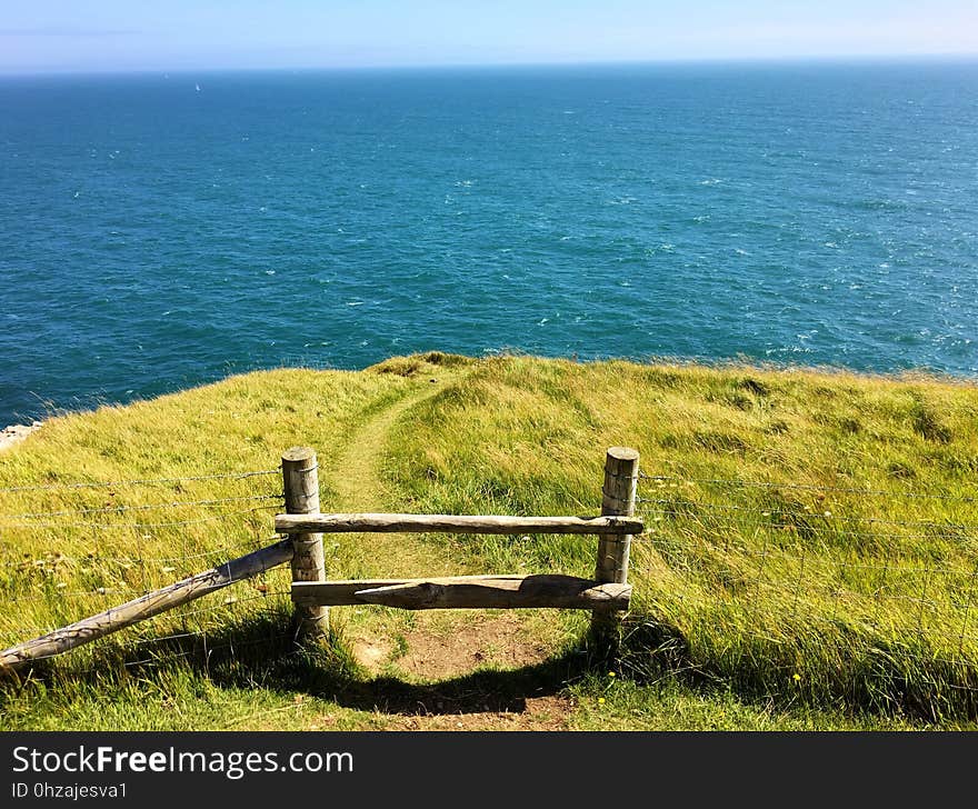 Sea, Coast, Grass, Horizon