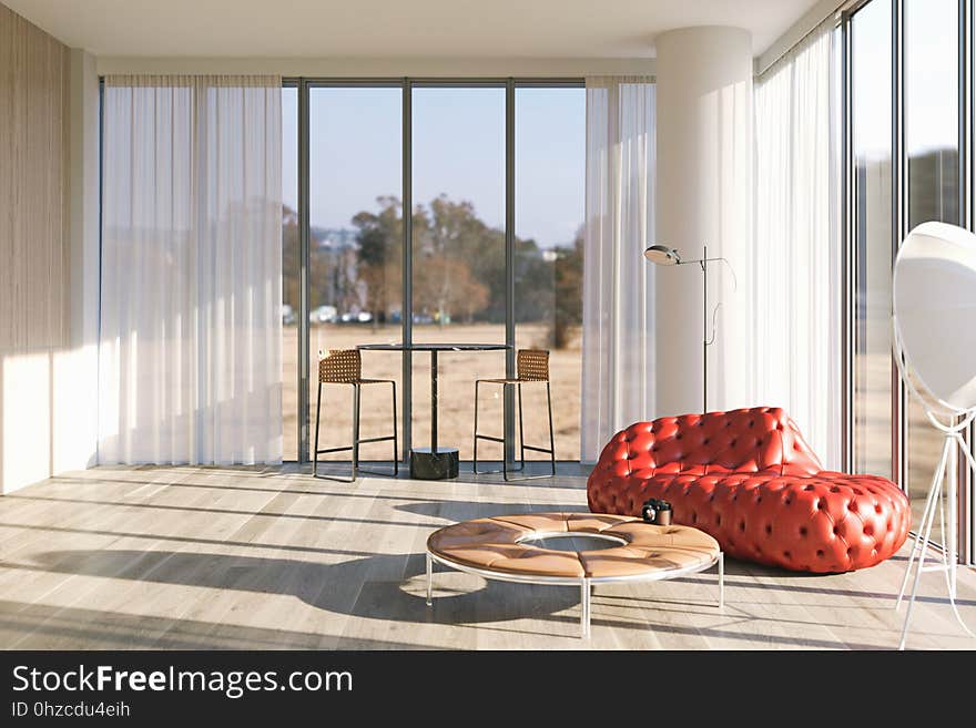 Living room in loft with leather red sofa