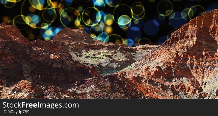 A panorama of the planet Mars, an alien landscape, a stony desert, 3D rendering