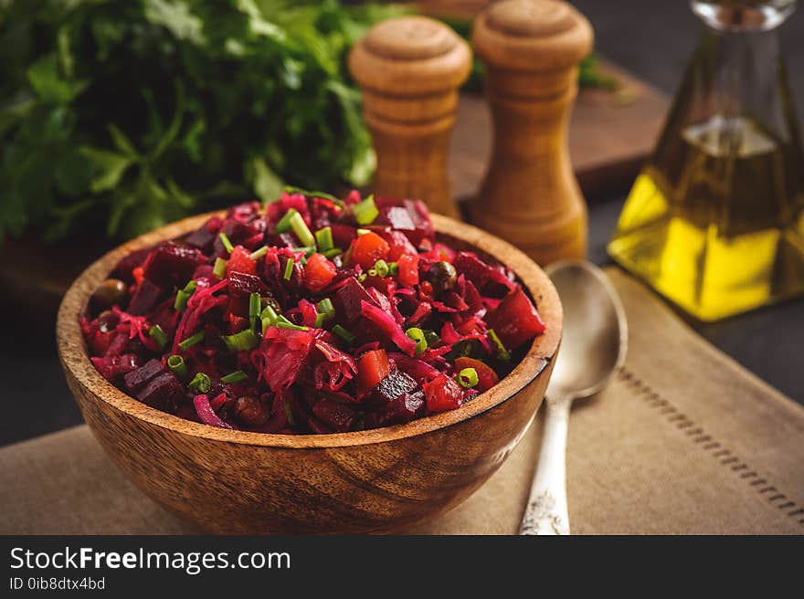 Vegetable salad with beetroot, carrot, pea and onion. Russian style cuisine.