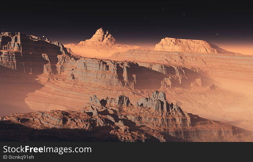 A panorama of the planet Mars, an alien landscape, a stony desert, 3D rendering