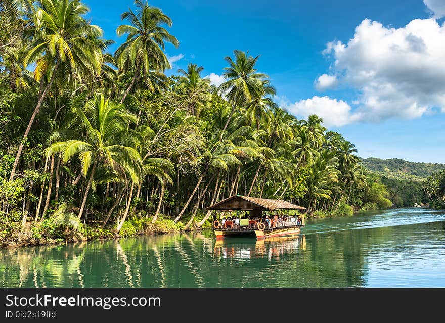 Traditional raft boat with tourists on a jungle green river Loboc at Bohol island of Philippines