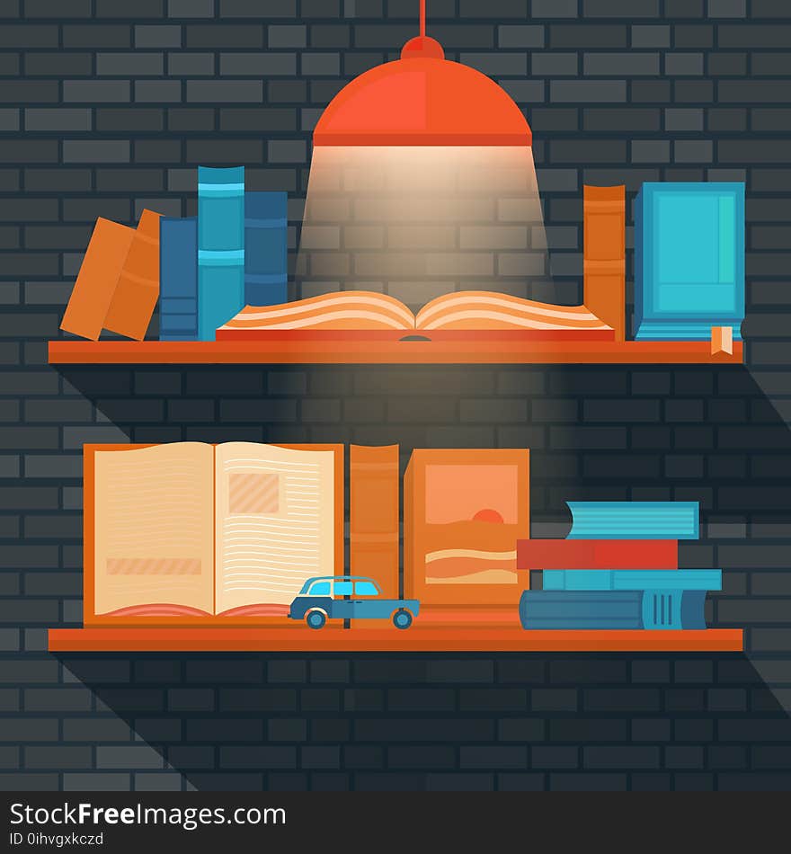 Vector illustration of bookshelf on brick wall. Template banner reading books and education. Collection of elements for design. Background for web pages, invitation cards, covers, posters. Vector illustration of bookshelf on brick wall. Template banner reading books and education. Collection of elements for design. Background for web pages, invitation cards, covers, posters.