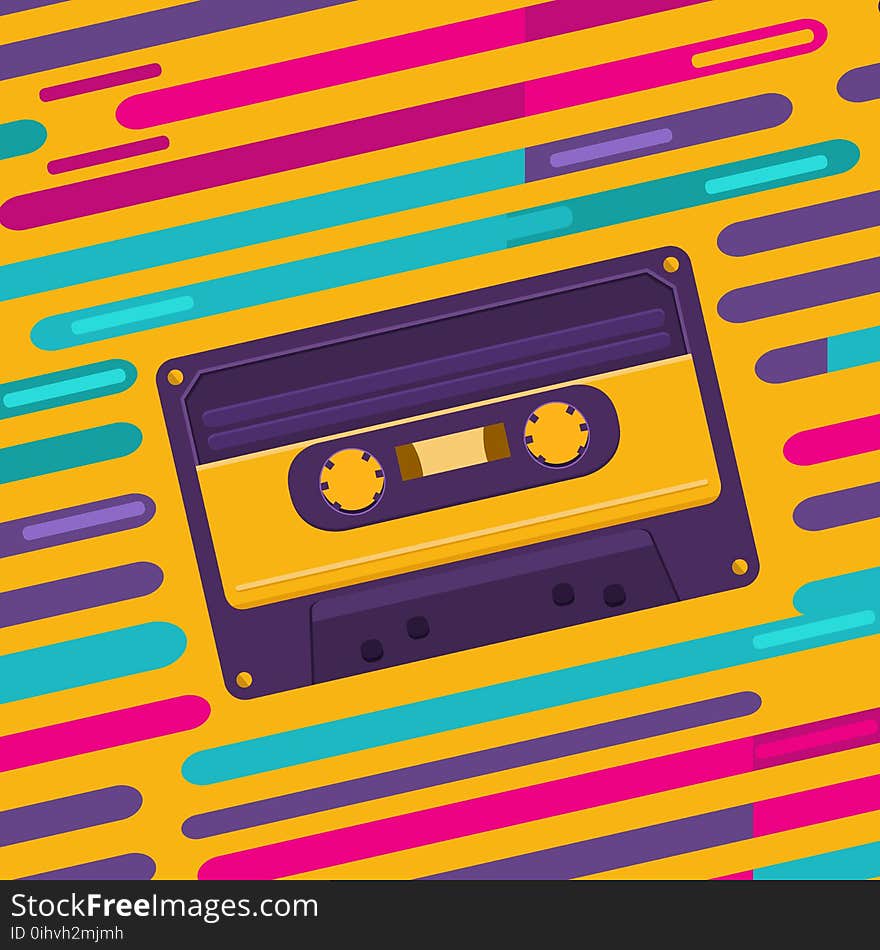 Illustration of a vintage audio cassette on colored background. Music of the 80s and 90s. Poster retro party, nostalgia. Vector background for invitation, card, ticket, banner, label, cover, album.