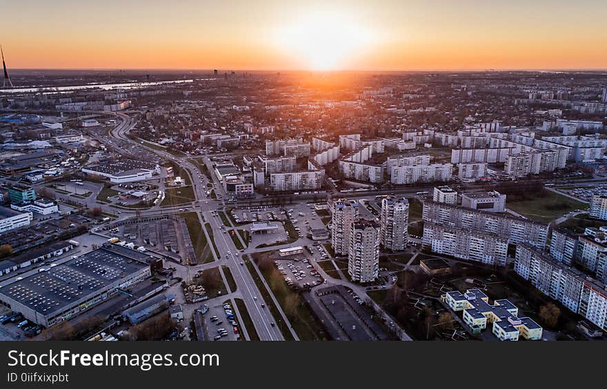 Aerial Photo of High Rise Building during Sunrise