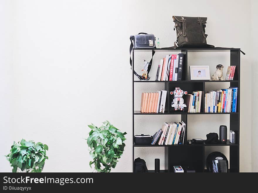 Books and Speakers on Black Wooden Shelf