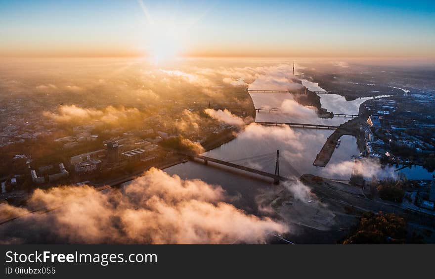 Bird&#x27;s Eye View of City Buildings during Sunset