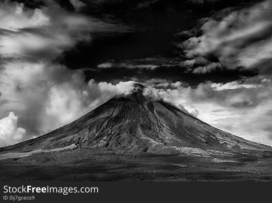 Gray Scale Photo of Active Volcano