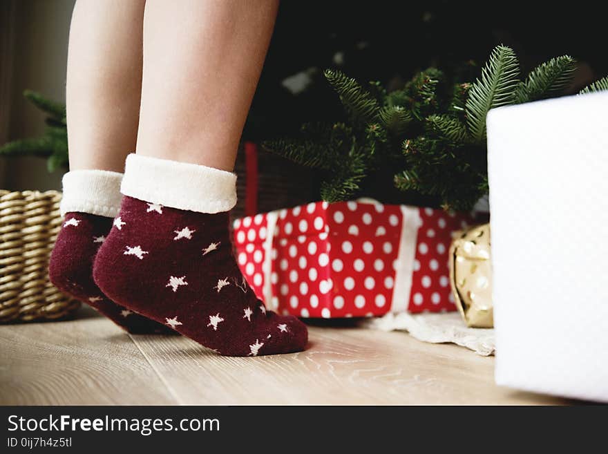 Person Wearing Pair of Maroon Star Printed Socks