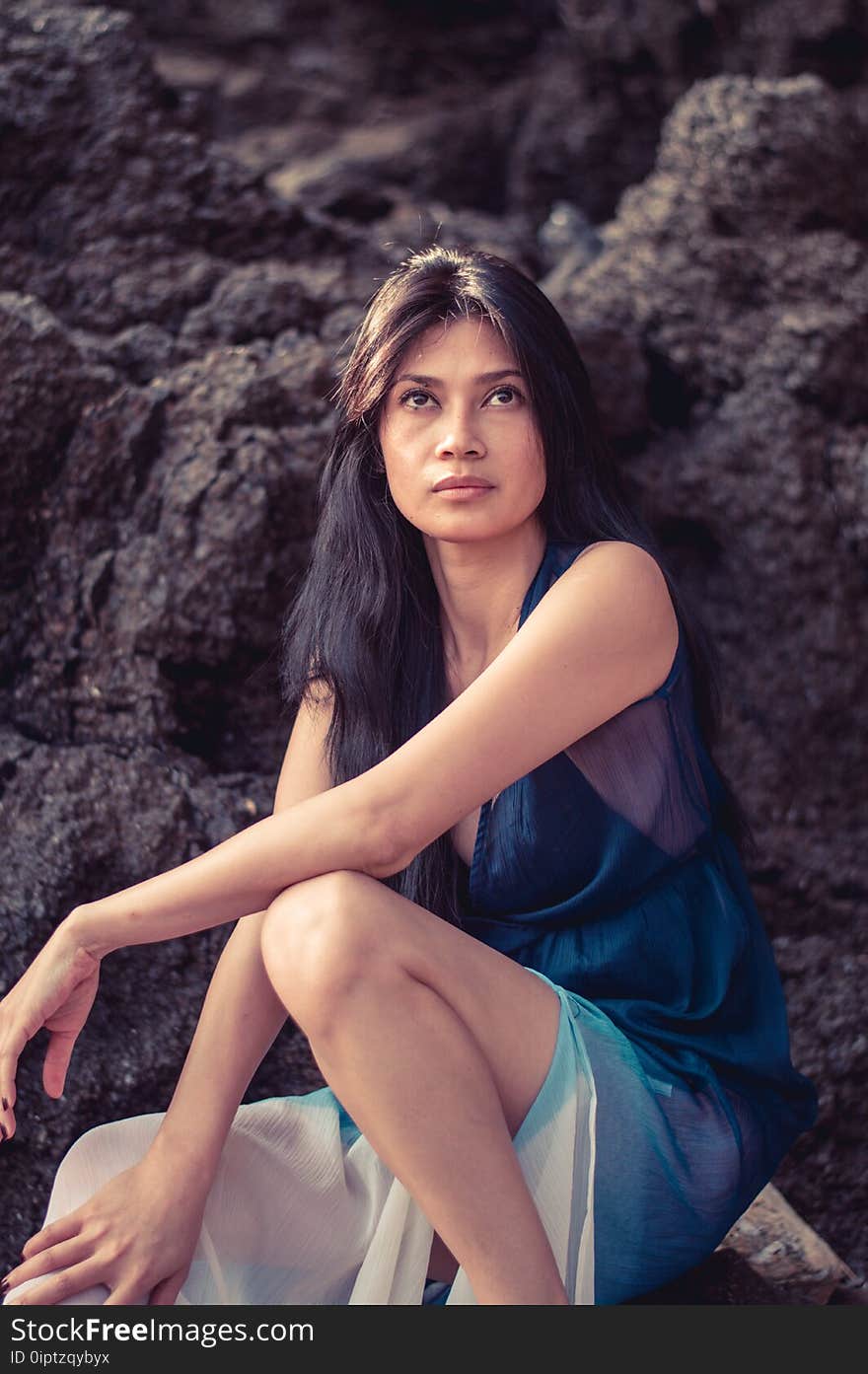 Woman in Blue and White V-neck Dress