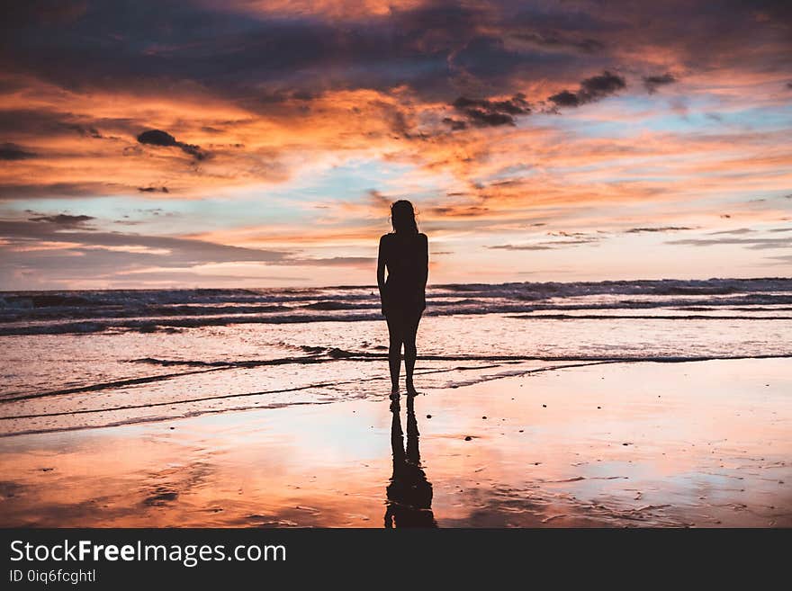 Silhouette of Woman Near Sea Shore