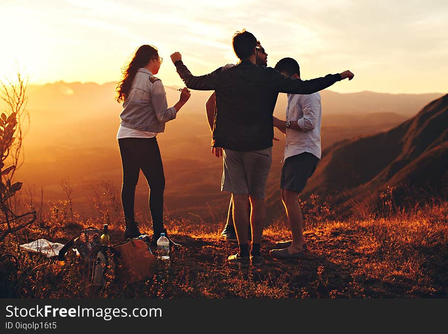 Four Person Standing at Top of Grassy Mountain