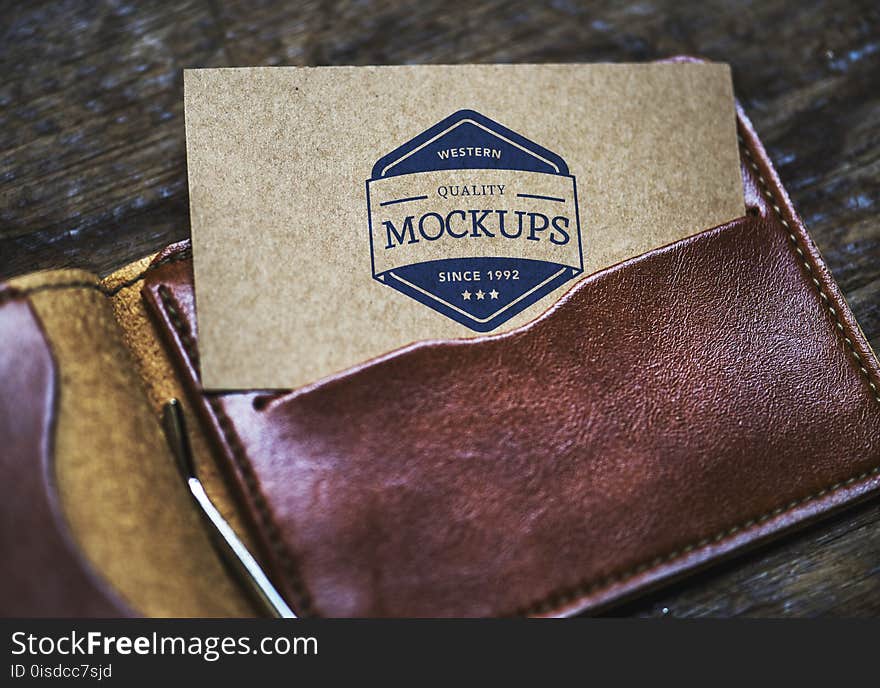 Card On Brown Leather Bifold Wallet