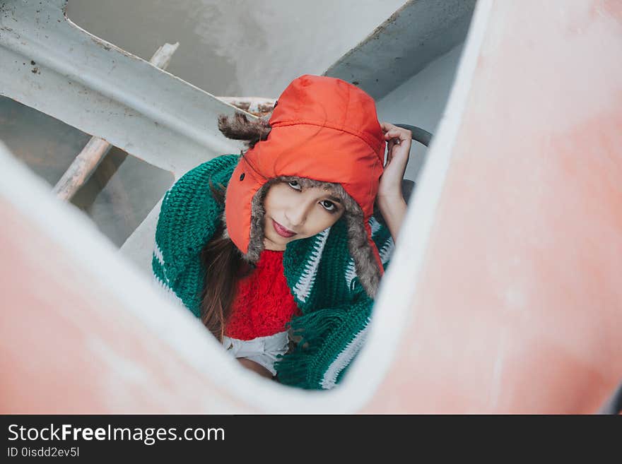 Woman Wearing Orange Snow Hat