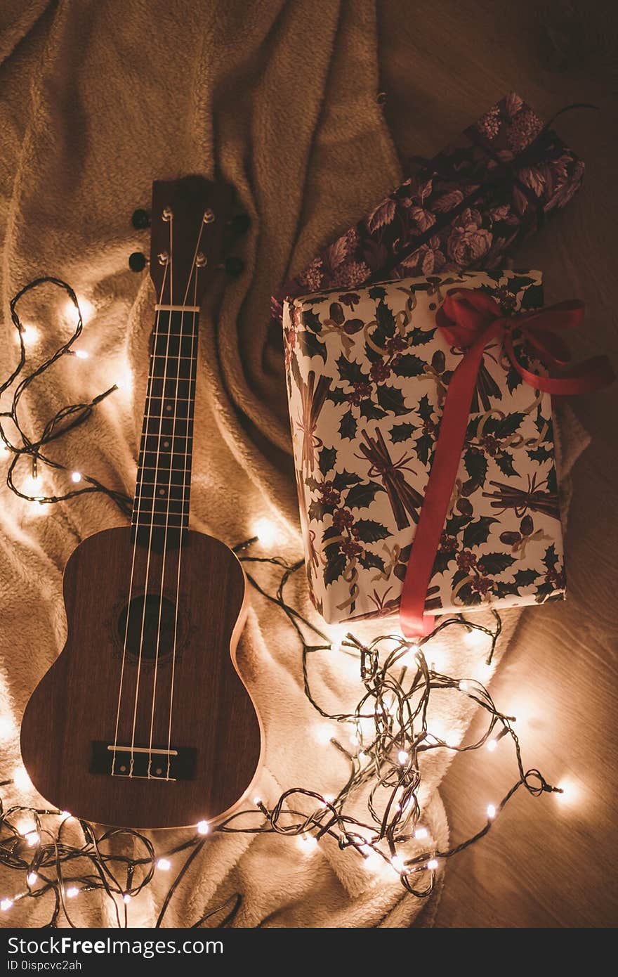 Ukulele Beside a Floral Box and String Lights