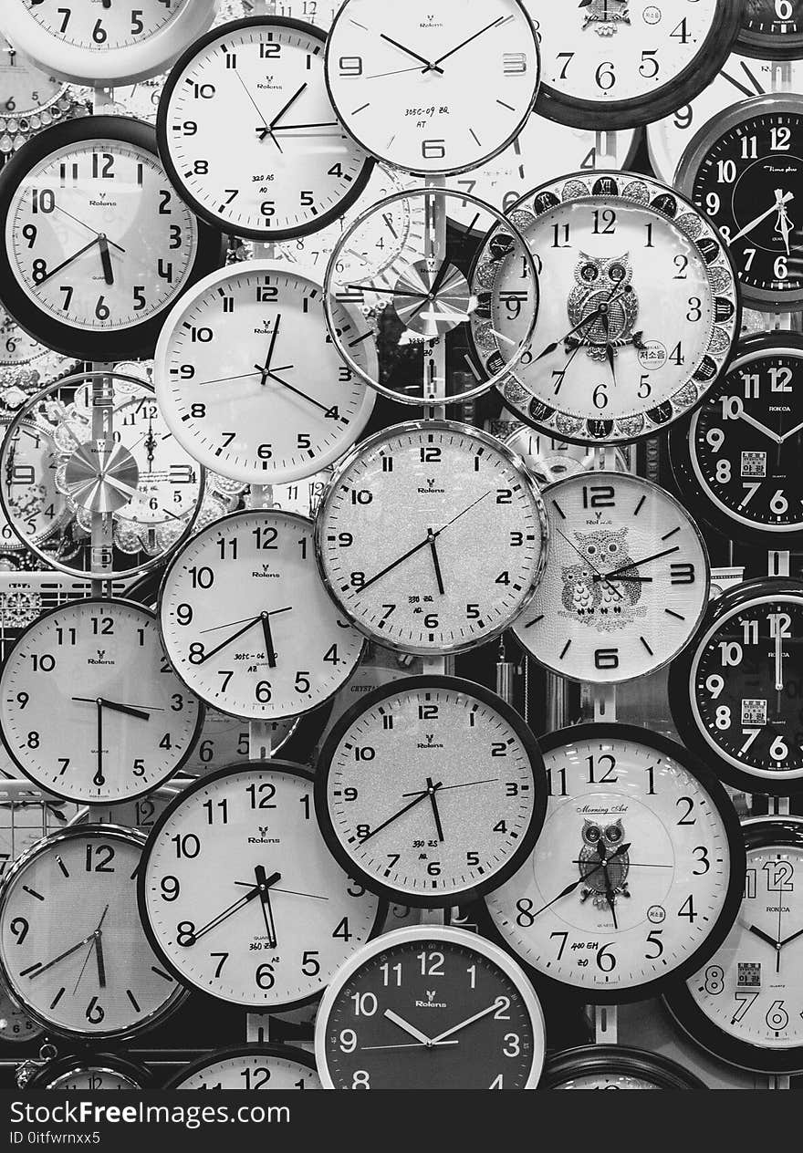 Black And White Photo Of Clocks