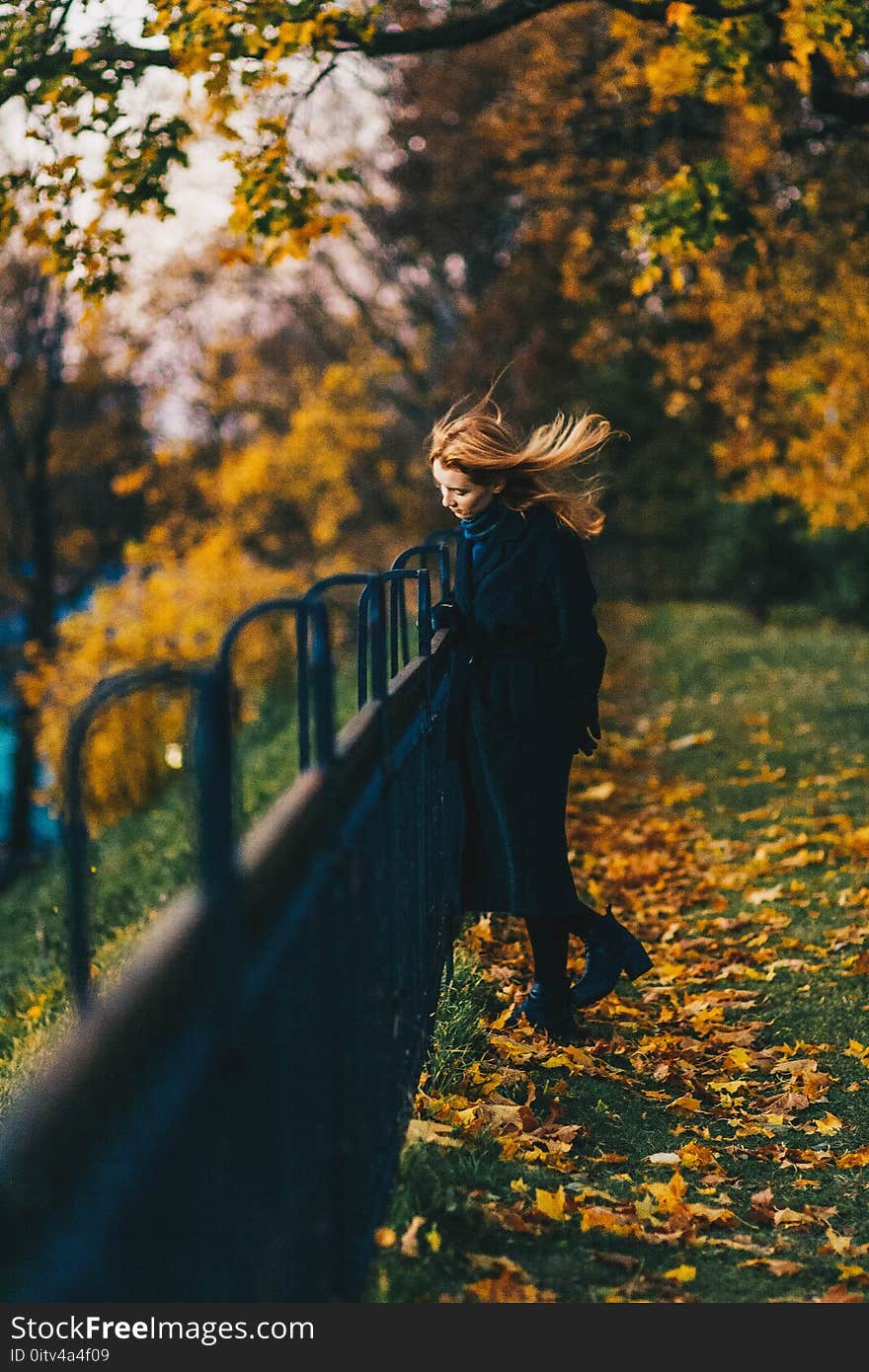 Woman Wearing Black Coat Near Railings