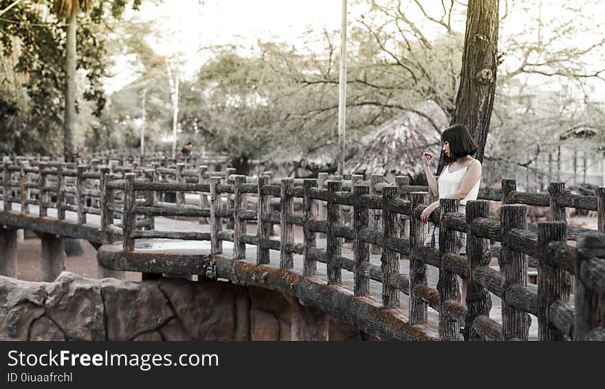 Woman in White Shirt Standing on Black Bridge