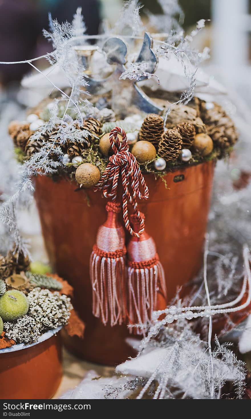 Close Up Photography of Pine Cone in Tassel Bucket