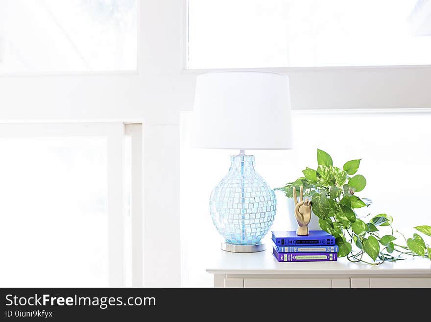 White Table Lamp on Sideboard Near Plant and Books