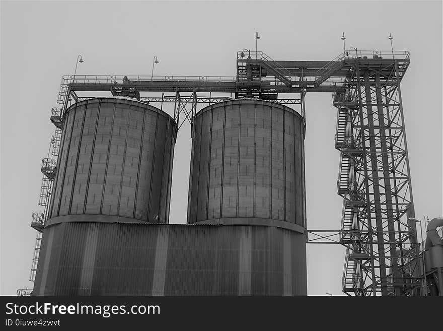 Black And White, Building, Silo, Industry