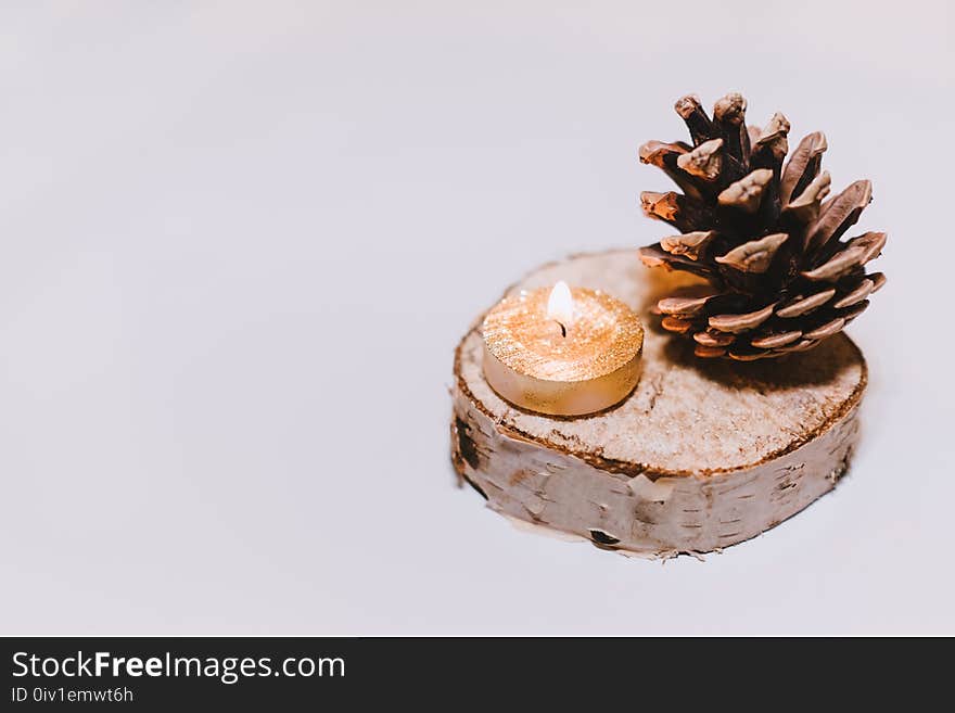 Brown Pine Cone Nut Beside Tealight Candle