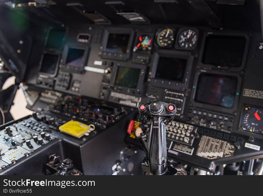 Helicopter interior cockpit close-up. Helicopter interior cockpit close-up