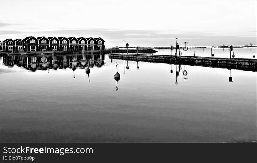 Reflection, Water, Black And White, Pier