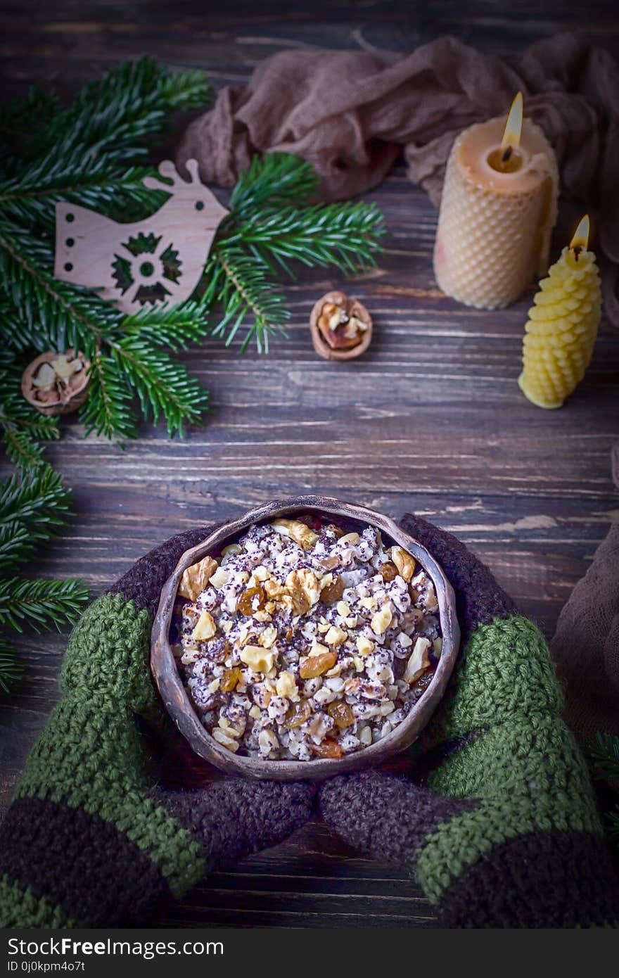 Ukrainian Christmas kutya. Traditional Christmas sweet meal in Ukraine. Rustic style, top view