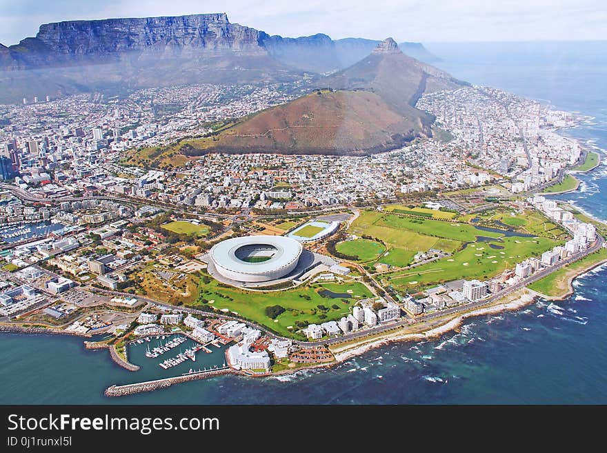 Aerial photography, bird's eye view, city, sport venue, water resources, tourism