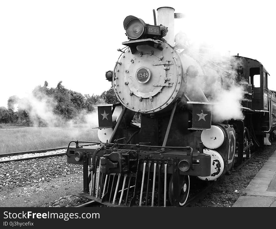 Transport, Rail Transport, Locomotive, Black And White