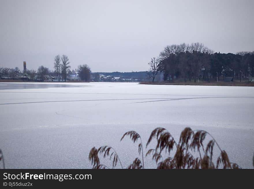 View of the frozen river and shore