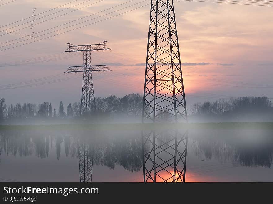 Transmission Tower, Overhead Power Line, Reflection, Sky