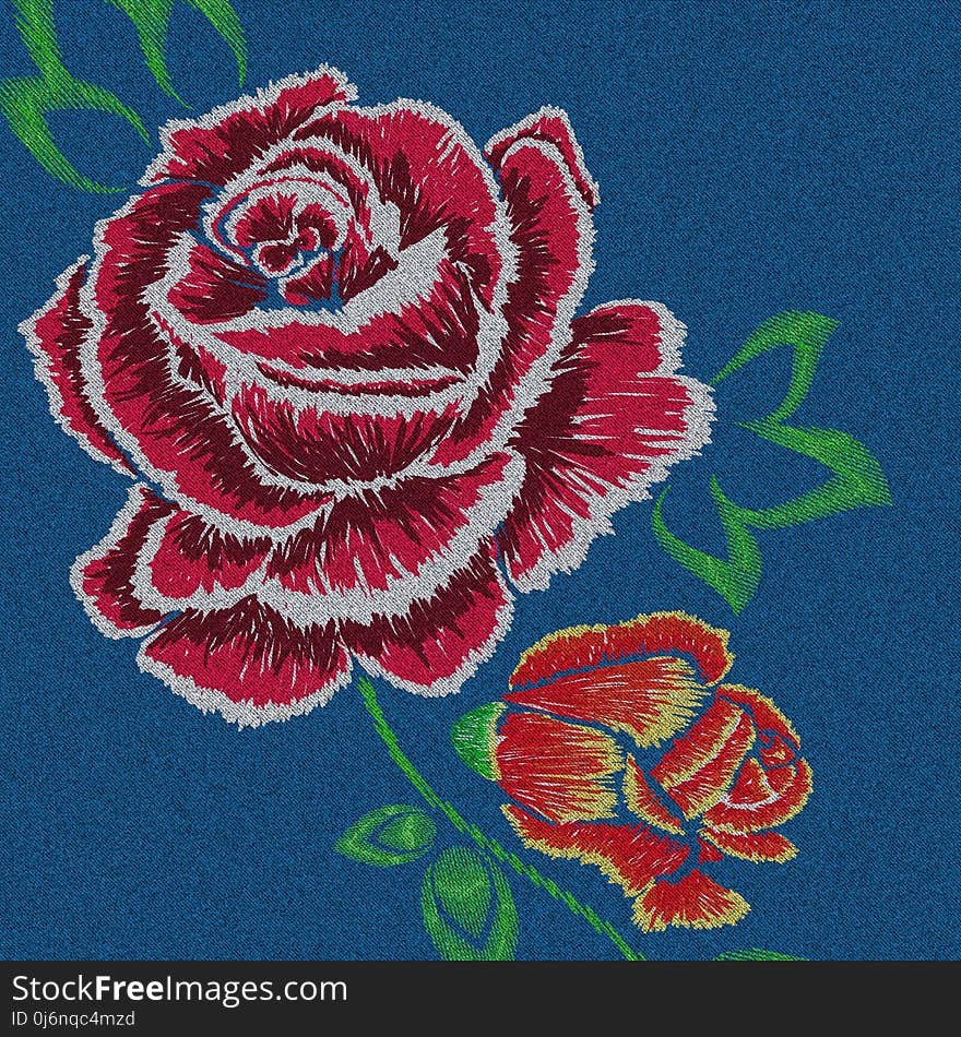 Blue denim generated texture with embroidered rose effect, illustration. Blue denim generated texture with embroidered rose effect, illustration.