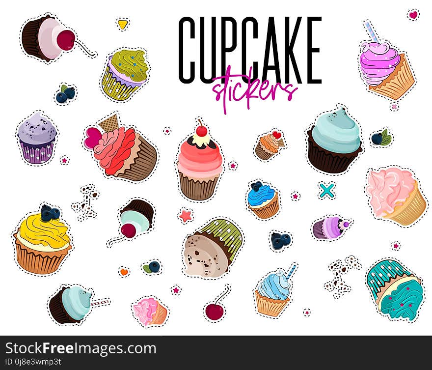 Vector multi colored bakery stickers. Food pin with muffins. Cartoon Cupcake set patch. Sweet dessert summer collection. Frosted b