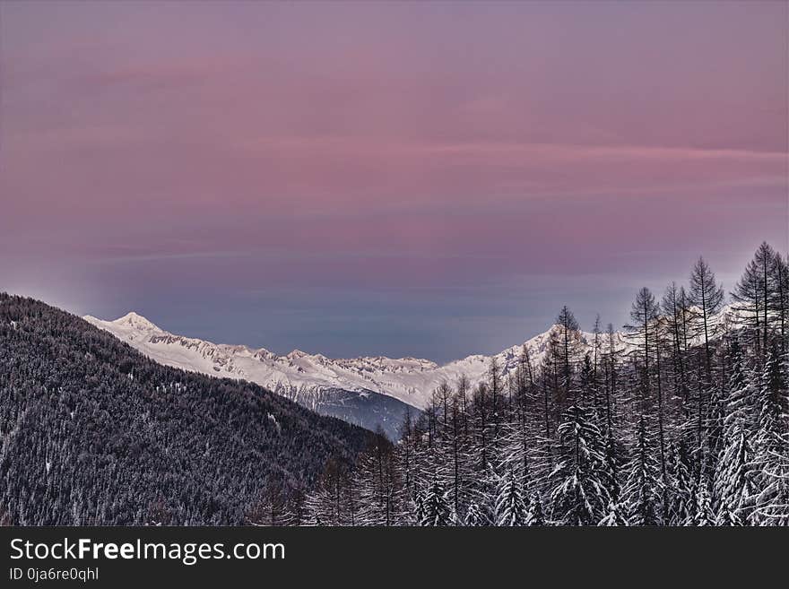 Photo of Mountains Covered with Snow and Surrounded with Trees