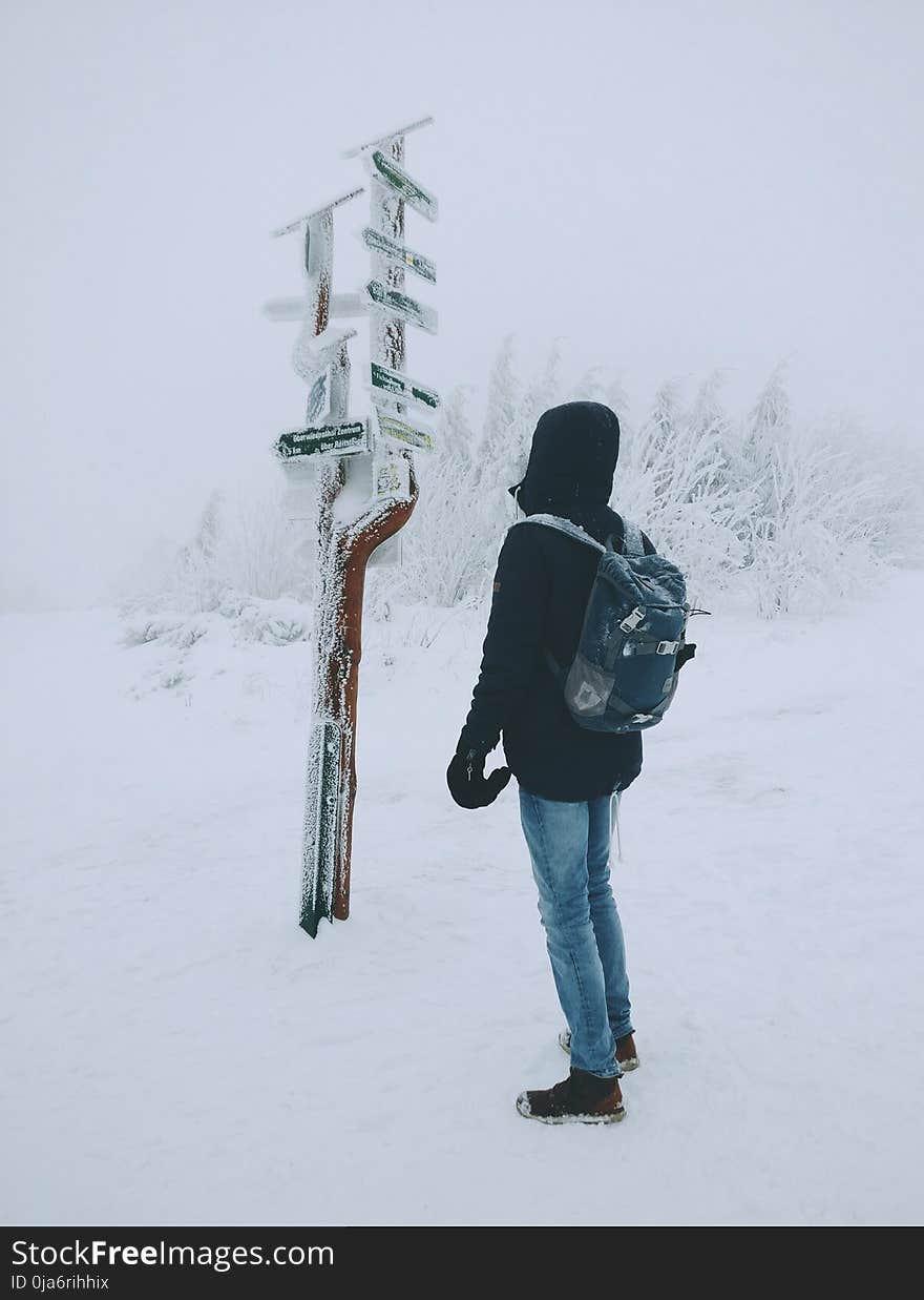 Person Wearing Black Hoodie and Blue Denim Jeans Standing over Frozen Arrow Signage over Snow Ground