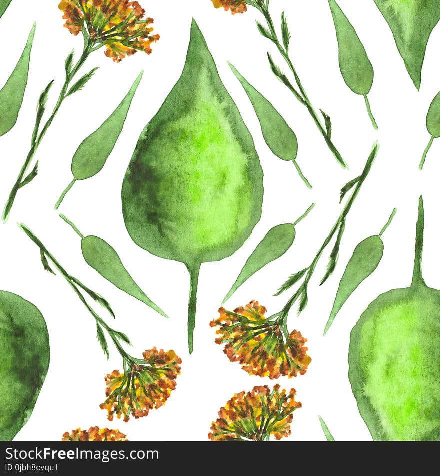 Seamless pattern with herbal motifs. Hand painted watercolor elements.