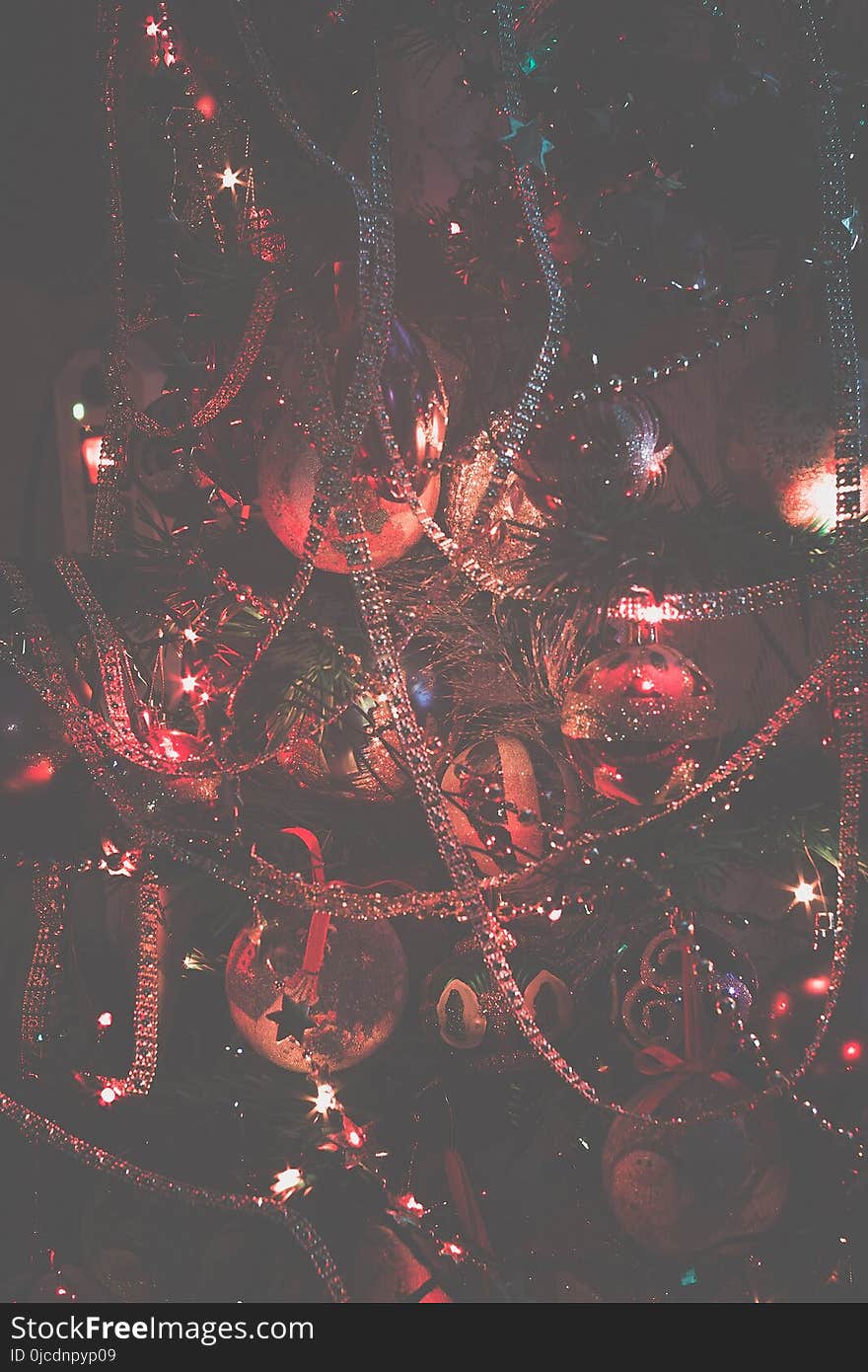 Decorated Christmas tree and colorful garland lights, filtered. Decorated Christmas tree and colorful garland lights, filtered.