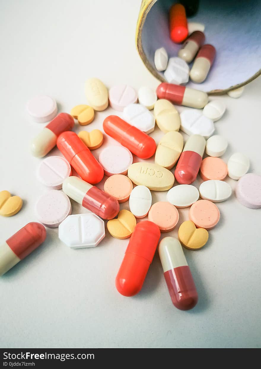 Colorful tablets and pills for medication.