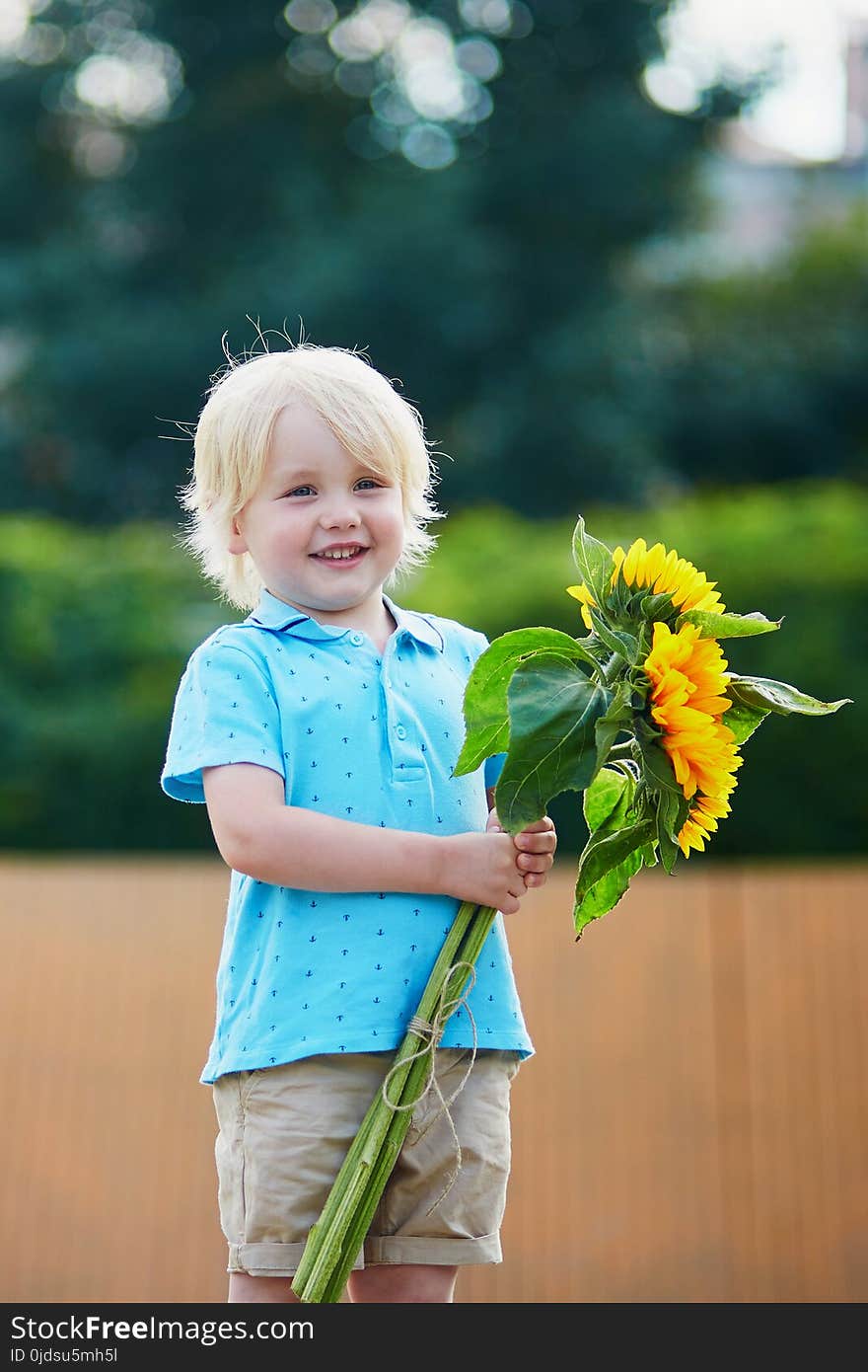 Little boy with bunch of sunflowers outdoors