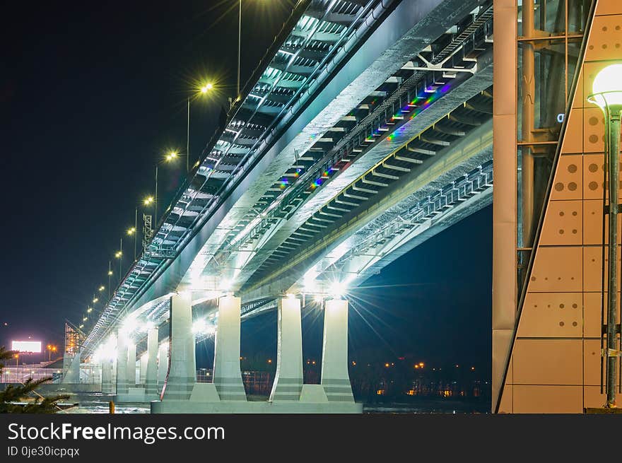 Night View Of Illuminated Bridge Above Of River Don In Rostov-on-Don In Russia