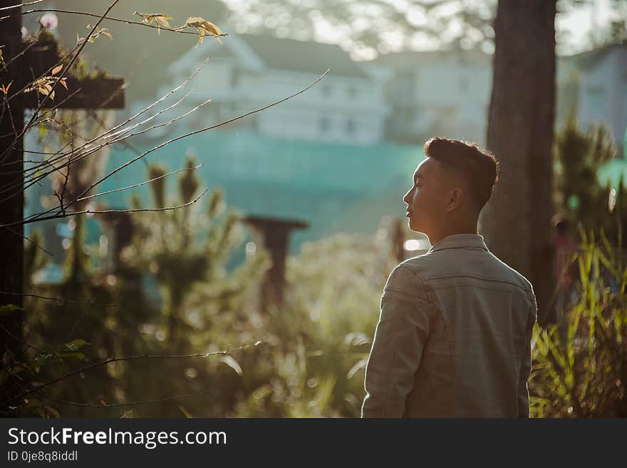 Man Wearing Gray Dress Shirt Standing Near Green Leaf Plant