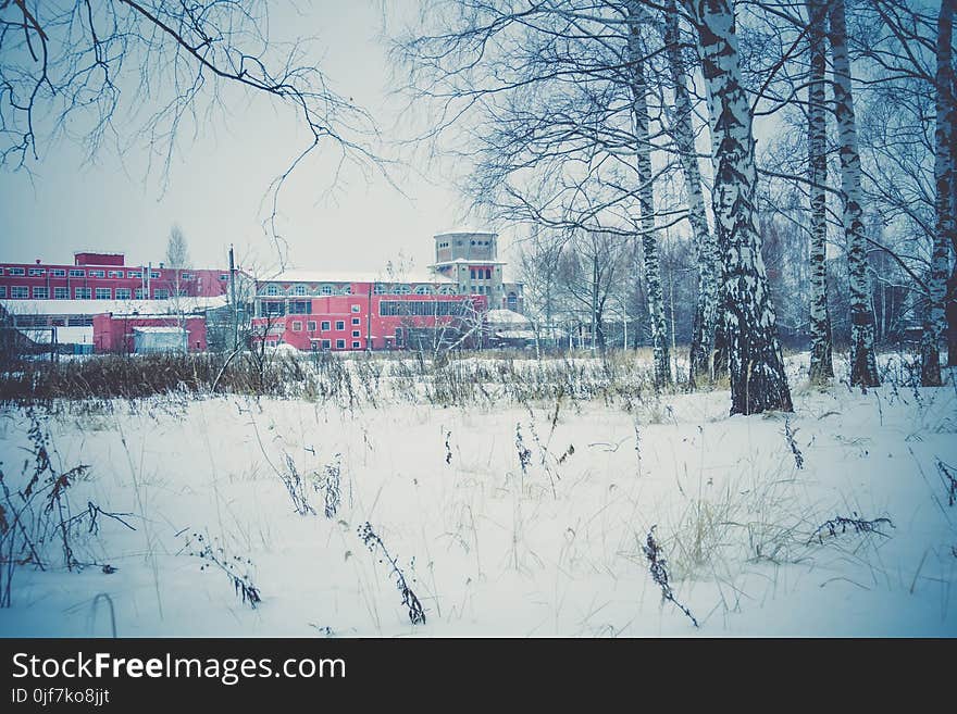 Vintage style red brick old factory, filtered winter time landscape. Vintage style red brick old factory, filtered winter time landscape.