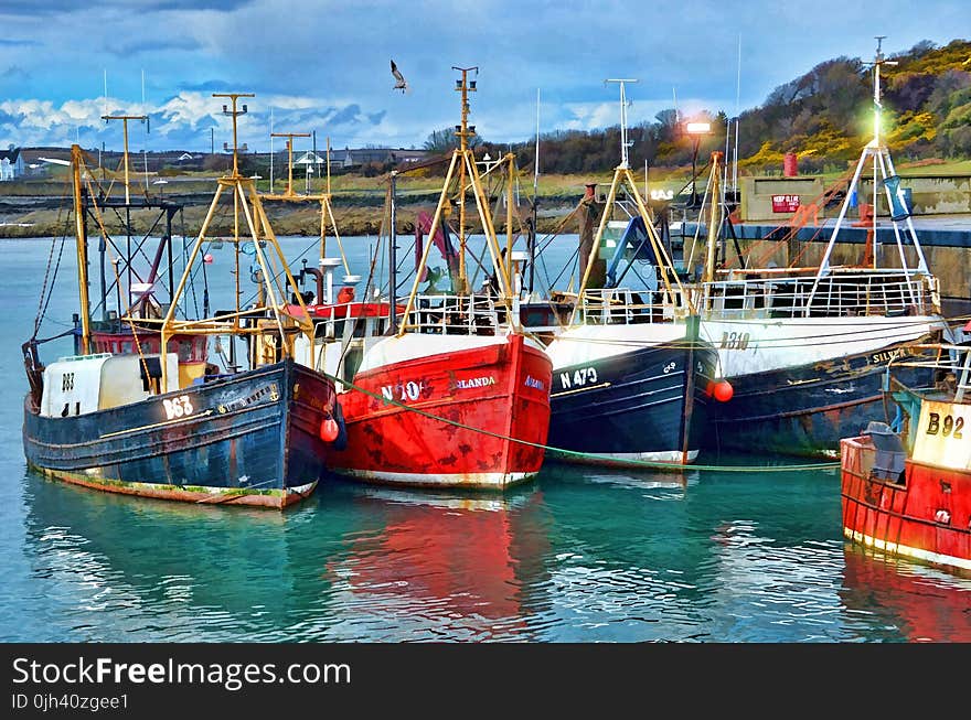 Red Blue and White Fishing Boats on Dock during Daytime