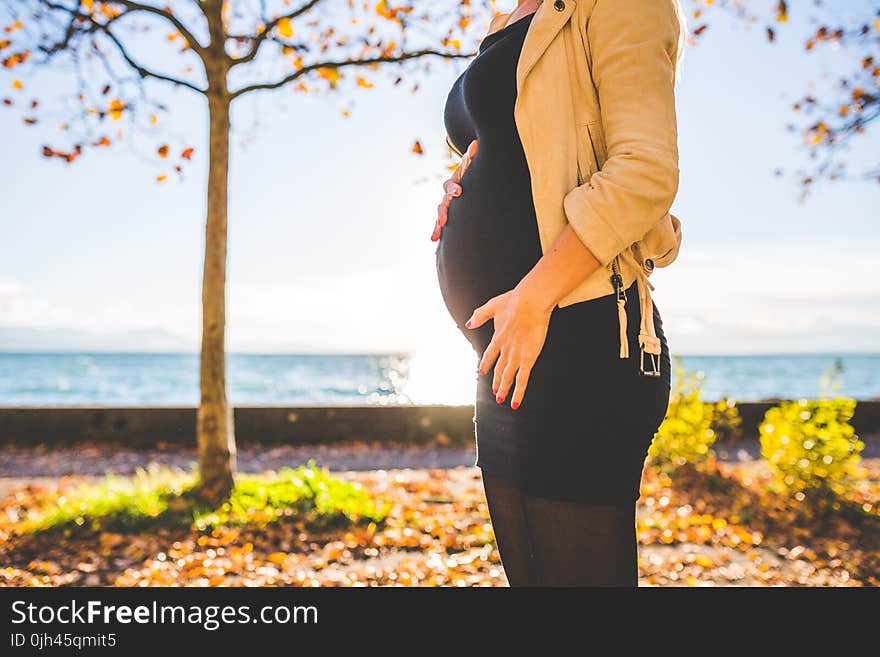 Pregnant Woman Wearing Beige Long Sleeve Shirt Standing Near Brown Tree at Daytime