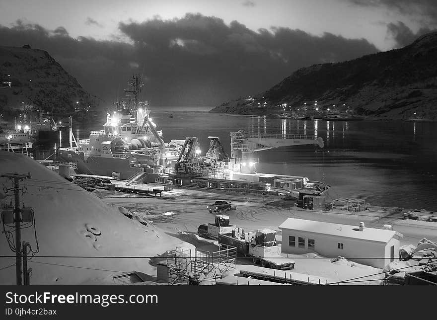 Ship Near on Dock in Grayscale Photography